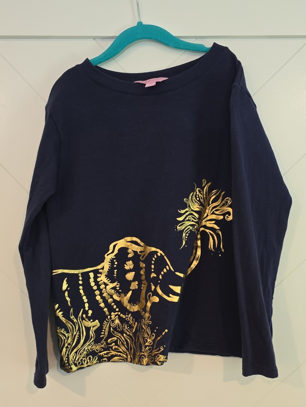 Lilly Pulitzer Navy Long-Sleeve Light Sweatshirt with Gold Elephant Print